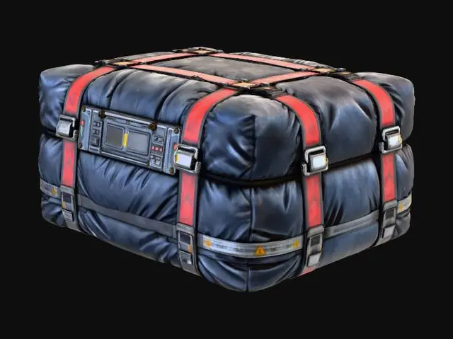 3D model for Large futuristic sci-fi cargo package wrapped in thick, soft, insulated padding designed to absorb impact and cushion falls. Outer material is dark gray-black fabric with a subtle hexagonal pattern, slightly wrinkled and compressed, showing soft structure and resilience. Multiple heavy-duty straps wrap around the cargo, colored semi-high-visibility red with metal buckles and tensioners. A hard industrial control and labeling panel is mounted on the long forward-facing side, featuring a hazard symbol, small screens, and mechanical latches. The package should feel heavy but soft-shelled, suitable for heat, cold, and shock protection. Top-lit studio lighting, isolated on white background, ultra-detailed textures, no environment.