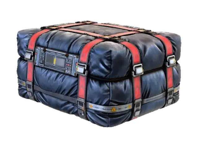 3D model for Large futuristic sci-fi cargo package wrapped in thick, soft, insulated padding designed to absorb impact and cushion falls. Outer material is dark gray-black fabric with a subtle hexagonal pattern, slightly wrinkled and compressed, showing soft structure and resilience. Multiple heavy-duty straps wrap around the cargo, colored semi-high-visibility red with metal buckles and tensioners. A hard industrial control and labeling panel is mounted on the long forward-facing side, featuring a hazard symbol, small screens, and mechanical latches. The package should feel heavy but soft-shelled, suitable for heat, cold, and shock protection. Top-lit studio lighting, isolated on white background, ultra-detailed textures, no environment.