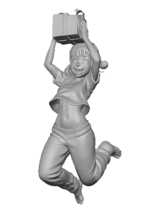 3D model for #Christmas2025#
Create an image of a young woman (around age 20), athletic, feminine proportions, cute, Hispanic mix, big brown eyes, straight hair, bangs, blush, in a two piece pajamas, wearing a santa hat, jumping for joy while holding a christmas present over her head, her plaid pajamas waistline is loose and her pants sliding down her waist and her pajamas shirt lifting far up with her inertia, happy and exited expression. Make her look slightly taller than the reference image, but maintain her feminine proportions. 
Make the background dark grey, give her warm and cozy color subtle highlights and shadows.