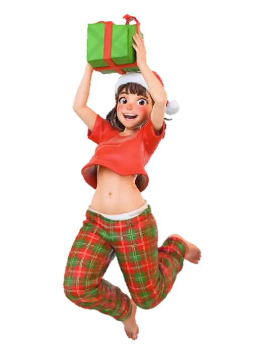3D model for #Christmas2025#
Create an image of a young woman (around age 20), athletic, feminine proportions, cute, Hispanic mix, big brown eyes, straight hair, bangs, blush, in a two piece pajamas, wearing a santa hat, jumping for joy while holding a christmas present over her head, her plaid pajamas waistline is loose and her pants sliding down her waist and her pajamas shirt lifting far up with her inertia, happy and exited expression. Make her look slightly taller than the reference image, but maintain her feminine proportions. 
Make the background dark grey, give her warm and cozy color subtle highlights and shadows.