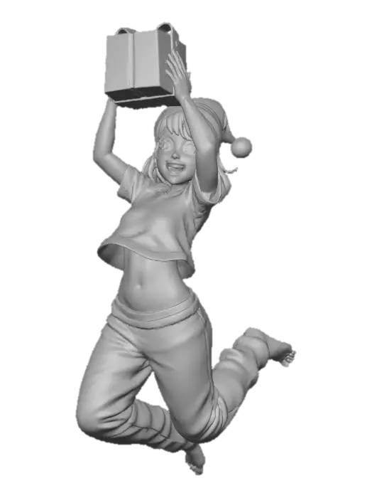 3D model for #Christmas2025#
Create an image of a young woman (around age 20), athletic, feminine proportions, cute, Hispanic mix, big brown eyes, straight hair, bangs, blush, in a two piece pajamas, wearing a santa hat, jumping for joy while holding a christmas present over her head, her plaid pajamas waistline is loose and her pants sliding down her waist and her pajamas shirt lifting far up with her inertia, happy and exited expression. Make her look slightly taller than the reference image, but maintain her feminine proportions.
Make the background dark grey, give her warm and cozy color subtle highlights and shadows.