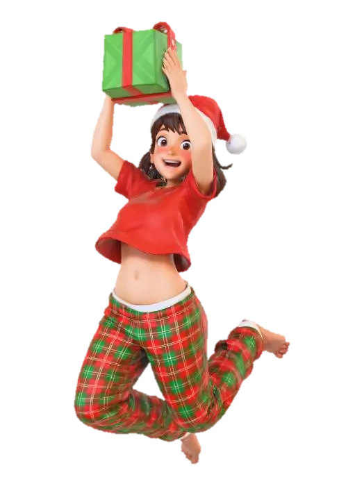 3D model for #Christmas2025#
Create an image of a young woman (around age 20), athletic, feminine proportions, cute, Hispanic mix, big brown eyes, straight hair, bangs, blush, in a two piece pajamas, wearing a santa hat, jumping for joy while holding a christmas present over her head, her plaid pajamas waistline is loose and her pants sliding down her waist and her pajamas shirt lifting far up with her inertia, happy and exited expression. Make her look slightly taller than the reference image, but maintain her feminine proportions.
Make the background dark grey, give her warm and cozy color subtle highlights and shadows.
