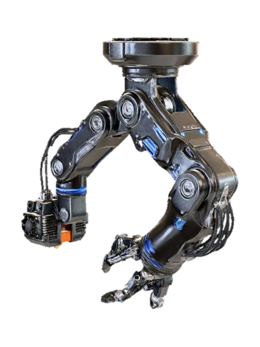 High-tech mechanical top-mounted arm with hot-end for 3D printing and advanced… 3D model, vytvořený pomocí AI