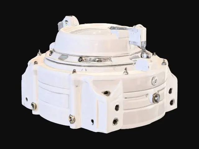 3D model for A sealed magnetic hatch with biometric locking latches and pressure-tight bolts, retro-futuristic, sci-fi security equipment, sterile finish