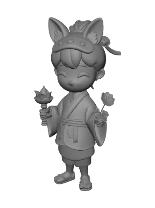 3D model for Create a cute chibi festival guardian holding a glowing celebration horn and a small flower bouquet. Large head, short body, oversized hands and feet, friendly smile, simple kimono/yukata with broad folds, fox-inspired hair ornament, and a few thick ribbons. Use clean geometric shapes with rounded edges, minimal surface detail, no thin parts, no floating elements, no sharp spikes. Design as a single solid watertight mesh, stable standing pose, balanced center of gravity, support-free where possible, optimized for 0.4mm FDM printing with walls at least 1.2mm thick.