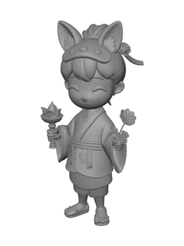 3D model for Create a cute chibi festival guardian holding a glowing celebration horn and a small flower bouquet. Large head, short body, oversized hands and feet, friendly smile, simple kimono/yukata with broad folds, fox-inspired hair ornament, and a few thick ribbons. Use clean geometric shapes with rounded edges, minimal surface detail, no thin parts, no floating elements, no sharp spikes. Design as a single solid watertight mesh, stable standing pose, balanced center of gravity, support-free where possible, optimized for 0.4mm FDM printing with walls at least 1.2mm thick.