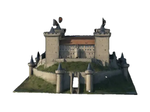 big medieval castle on a hill 3D model, vytvořený pomocí AI