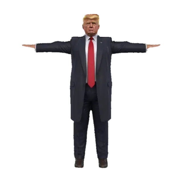 Realistic symmetrical Donald Trump, Doing T-Pose, arms out to sides. 4K unlit… 3D model, vytvořený pomocí AI