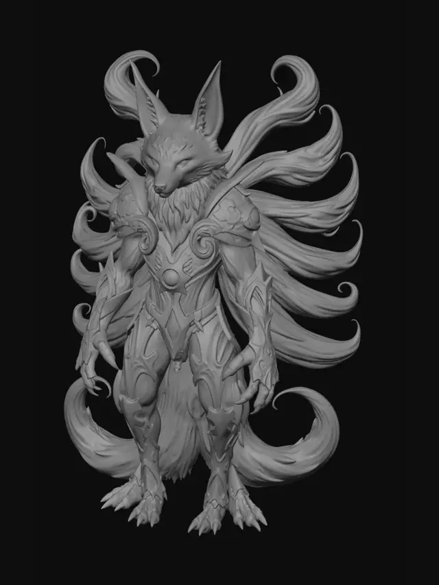 3D model for A colossal cosmic fox titan standing on a shattered floating mountain, nine massive tails made of galaxies and nebulae swirling behind him, glowing blue eyes, ancient celestial armor forged from stars and black metal, enormous crystal claws, energy cracks across the body emitting cosmic light, ultra detailed fur, floating asteroids orbiting around, epic fantasy atmosphere, cinematic lighting, masterpiece, highly detailed sculpt, collectible statue, AAA game character, symmetrical pose, dynamic stance, intricate armor engravings, 3D printable, watertight model, sharp details, ZBrush sculpt style, centered, isolated background