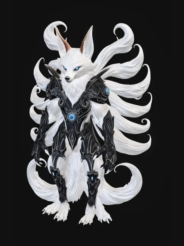 3D model for A colossal cosmic fox titan standing on a shattered floating mountain, nine massive tails made of galaxies and nebulae swirling behind him, glowing blue eyes, ancient celestial armor forged from stars and black metal, enormous crystal claws, energy cracks across the body emitting cosmic light, ultra detailed fur, floating asteroids orbiting around, epic fantasy atmosphere, cinematic lighting, masterpiece, highly detailed sculpt, collectible statue, AAA game character, symmetrical pose, dynamic stance, intricate armor engravings, 3D printable, watertight model, sharp details, ZBrush sculpt style, centered, isolated background