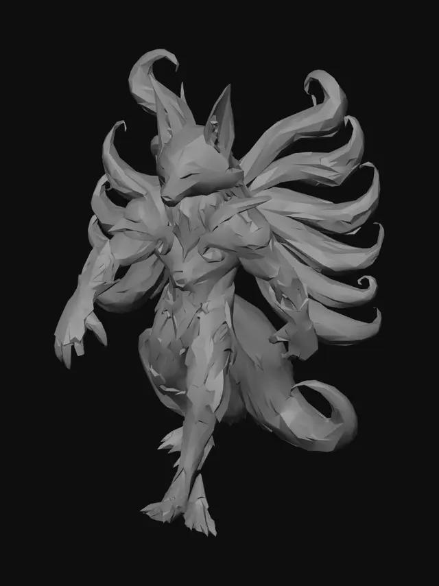 3D model for A colossal cosmic fox titan standing on a shattered floating mountain, nine massive tails made of galaxies and nebulae swirling behind him, glowing blue eyes, ancient celestial armor forged from stars and black metal, enormous crystal claws, energy cracks across the body emitting cosmic light, ultra detailed fur, floating asteroids orbiting around, epic fantasy atmosphere, cinematic lighting, masterpiece, highly detailed sculpt, collectible statue, AAA game character, symmetrical pose, dynamic stance, intricate armor engravings, 3D printable, watertight model, sharp details, ZBrush sculpt style, centered, isolated background
