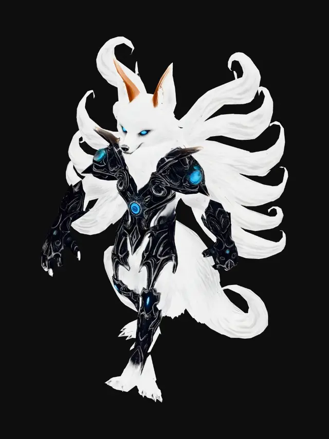 3D model for A colossal cosmic fox titan standing on a shattered floating mountain, nine massive tails made of galaxies and nebulae swirling behind him, glowing blue eyes, ancient celestial armor forged from stars and black metal, enormous crystal claws, energy cracks across the body emitting cosmic light, ultra detailed fur, floating asteroids orbiting around, epic fantasy atmosphere, cinematic lighting, masterpiece, highly detailed sculpt, collectible statue, AAA game character, symmetrical pose, dynamic stance, intricate armor engravings, 3D printable, watertight model, sharp details, ZBrush sculpt style, centered, isolated background