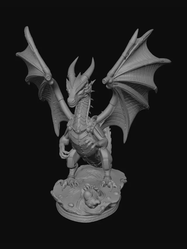 3D model for Ancient mechanical dragon awakening from a mountain, body composed of gears, pistons, black steel and glowing blue energy core, enormous wings with intricate mechanical structures, highly detailed scales, cinematic lighting, ultra realistic, collectible statue, masterpiece, ZBrush sculpt, 3D printable, centered pose, highly detailed base, fantasy steampunk, AAA game asset