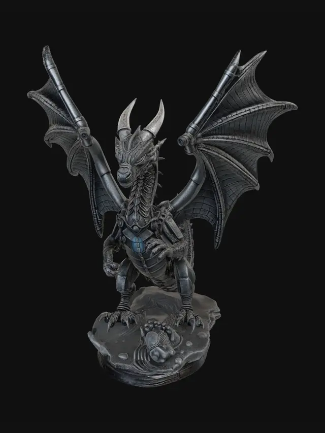 3D model for Ancient mechanical dragon awakening from a mountain, body composed of gears, pistons, black steel and glowing blue energy core, enormous wings with intricate mechanical structures, highly detailed scales, cinematic lighting, ultra realistic, collectible statue, masterpiece, ZBrush sculpt, 3D printable, centered pose, highly detailed base, fantasy steampunk, AAA game asset