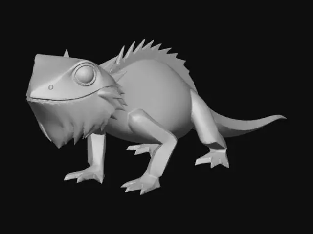 3D model for A cute pet reptile, gecko or bearded dragon, rendered as a low-poly PlayStation 1 era 3D model. Chunky blocky geometry, visible flat-shaded polygons, pixelated diffuse texture map at 128x128 resolution, no normal maps, no specular highlights. Classic PSX aesthetic: sharp polygon edges, dithered color banding, limited color palette of 16 colors, affine texture warping artifact look. Small rounded head, stubby legs, long tail, friendly cartoon expression. Miniature figurine scale. Style of classic 1990s video game character model, similar to Spyro the Dragon or Gex. Neutral gray studio background, isometric-friendly pose, turntable-ready.