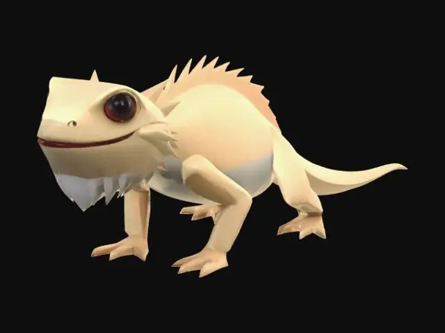 3D model for A cute pet reptile, gecko or bearded dragon, rendered as a low-poly PlayStation 1 era 3D model. Chunky blocky geometry, visible flat-shaded polygons, pixelated diffuse texture map at 128x128 resolution, no normal maps, no specular highlights. Classic PSX aesthetic: sharp polygon edges, dithered color banding, limited color palette of 16 colors, affine texture warping artifact look. Small rounded head, stubby legs, long tail, friendly cartoon expression. Miniature figurine scale. Style of classic 1990s video game character model, similar to Spyro the Dragon or Gex. Neutral gray studio background, isometric-friendly pose, turntable-ready.