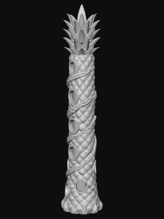 3D model for Vertical slender pineapple tower, shrimp hideout, aquarium decor. Features a continuous spiral ramp/stairs on the outer shell. Many hollow holes and internal tunnel systems for small crustaceans. Tall and thin silhouette. Stylized pineapple skin pattern. 3D model, clean geometry, whimsical underwater style.