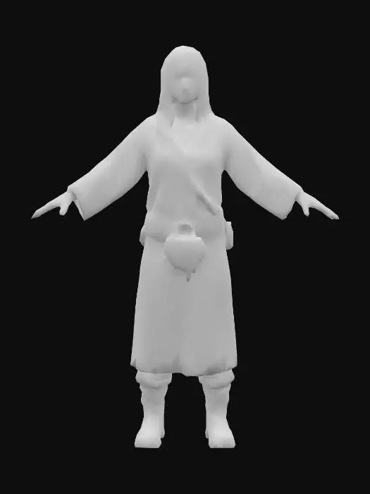 3D model for A highly detailed, realistic 3D-style human portrait of a medieval female peasant in a T-pose. The subject has young skin, smooth hands, blonde hair, and lifelike textures on wool clothing. Dirt-streaked tunic, rustic belt with a pouch. Realistic lighting with visible fabric grain and muddy boots. Full-body view, front-facing, symmetrical T-pose for character modeling. Studio background, soft shadows, ultra-high resolution.