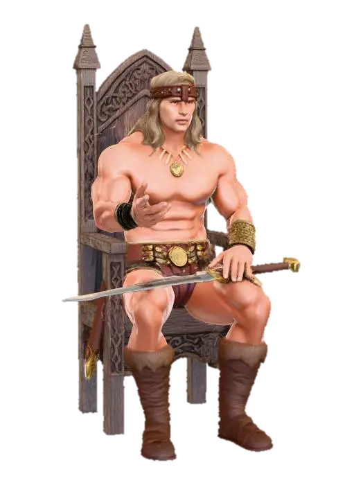 Conan the Barbarian sitting on chair 3D model, vytvořený pomocí AI