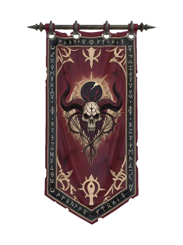 Crimson Banner of the Horned Skull - Demonic 3D model, vytvořený pomocí AI