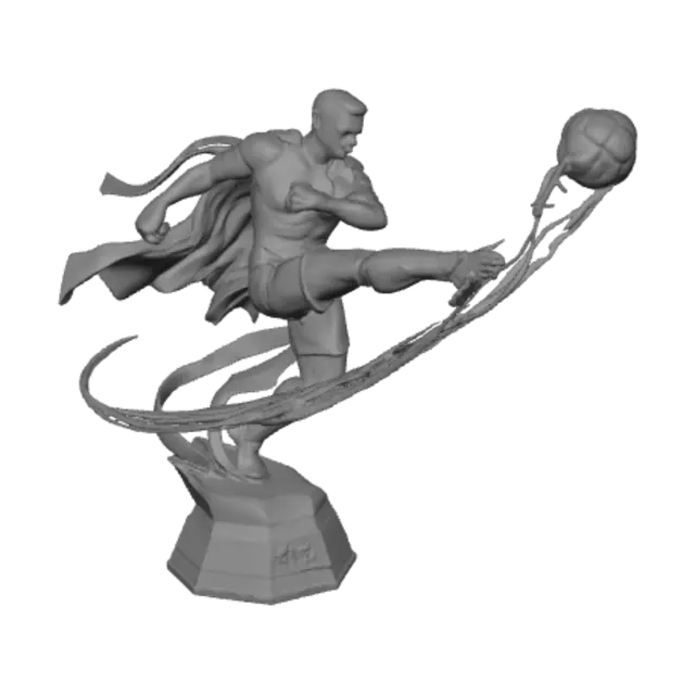 3D model for make a world cup rophy where a person is kicking the ball and the ball is far away from the player with a trail