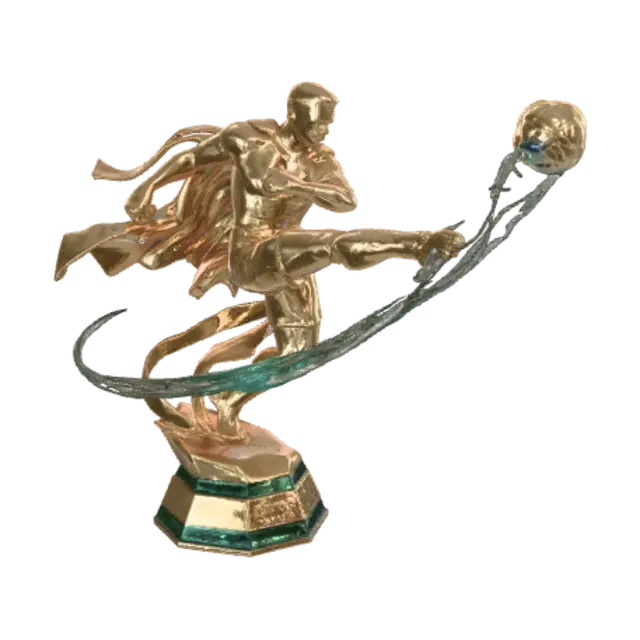 3D model for make a world cup rophy where a person is kicking the ball and the ball is far away from the player with a trail