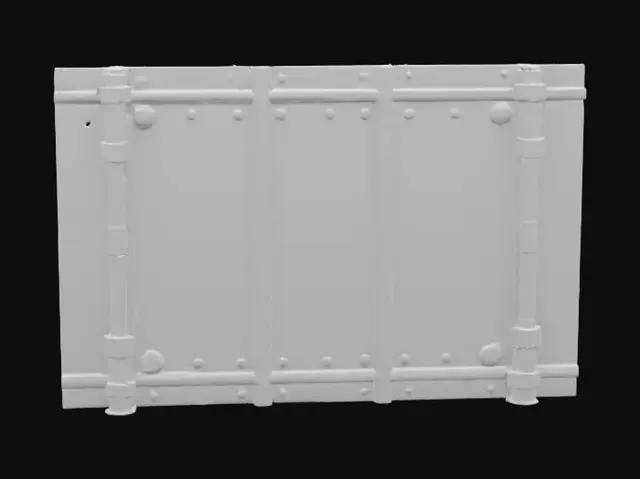 3D model for Ultra-detailed 3D model of a wall panel from a space station, constructed from reinforced steel with seams, rivets, and structural support beams. Surface shows realistic wear: scratches, faded paint, rust stains, and worn decals, yet structurally intact.