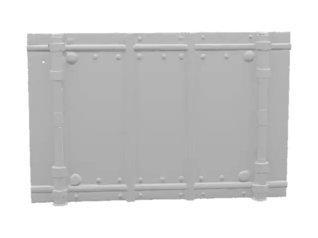 3D model for Ultra-detailed 3D model of a wall panel from a space station, constructed from reinforced steel with seams, rivets, and structural support beams.  Surface shows realistic wear: scratches, faded paint, rust stains, and worn decals, yet structurally intact. 