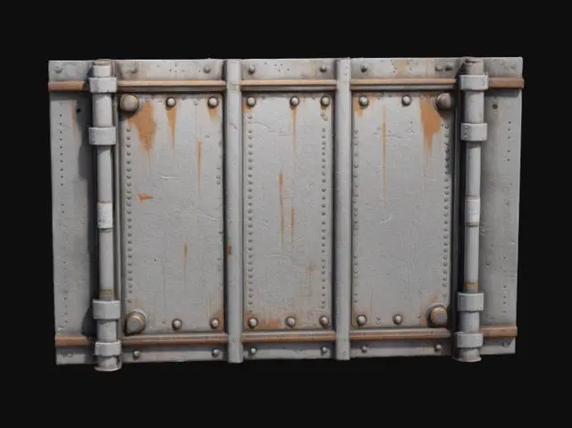 3D model for Ultra-detailed 3D model of a wall panel from a space station, constructed from reinforced steel with seams, rivets, and structural support beams. Surface shows realistic wear: scratches, faded paint, rust stains, and worn decals, yet structurally intact.