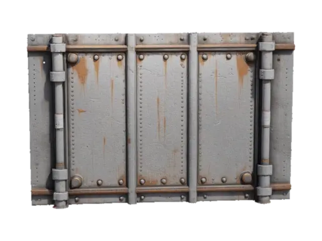 3D model for Ultra-detailed 3D model of a wall panel from a space station, constructed from reinforced steel with seams, rivets, and structural support beams.  Surface shows realistic wear: scratches, faded paint, rust stains, and worn decals, yet structurally intact. 