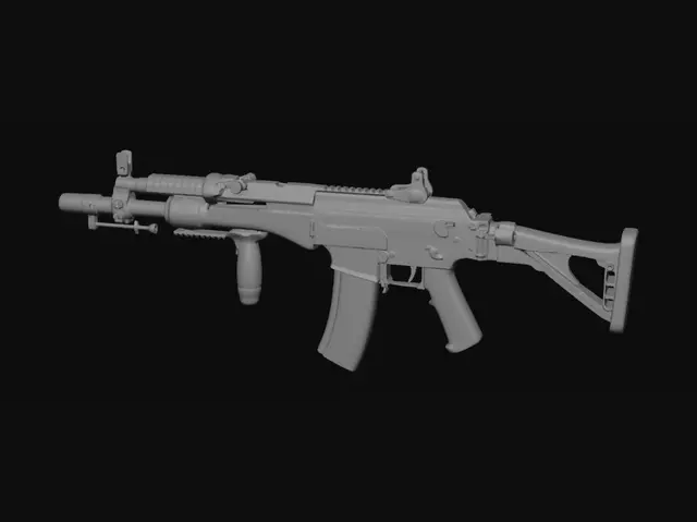 3D model for Heavy underwater pneumatic tool, geometric shape and layout of Rust game AK-47, clean 3D game asset. Long rectangular upper chrome chassis with integrated top parallel gas-tube pipe. Long straight metal pipe barrel extending forward from front. Back features full triangular wooden shoulder stock. Below is vertical wooden handle grip. Attached strictly to bottom chassis, in front of grip, is compact curved banana magazine made of clear transparent glass with visible springs, secured by mechanical magazine release lever. Style 2: Clean chrome metal and polished brass hardware instead of rust, glowing neon blue lines on chassis, high-tech diving equipment aesthetic. Small bright yellow smiley face sticker on side. High density of details, tiny screws, bolts. Studio grey background.