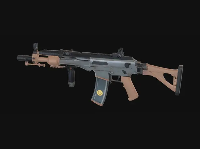 3D model for Heavy underwater pneumatic tool, geometric shape and layout of Rust game AK-47, clean 3D game asset. Long rectangular upper chrome chassis with integrated top parallel gas-tube pipe. Long straight metal pipe barrel extending forward from front. Back features full triangular wooden shoulder stock. Below is vertical wooden handle grip. Attached strictly to bottom chassis, in front of grip, is compact curved banana magazine made of clear transparent glass with visible springs, secured by mechanical magazine release lever. Style 2: Clean chrome metal and polished brass hardware instead of rust, glowing neon blue lines on chassis, high-tech diving equipment aesthetic. Small bright yellow smiley face sticker on side. High density of details, tiny screws, bolts. Studio grey background.