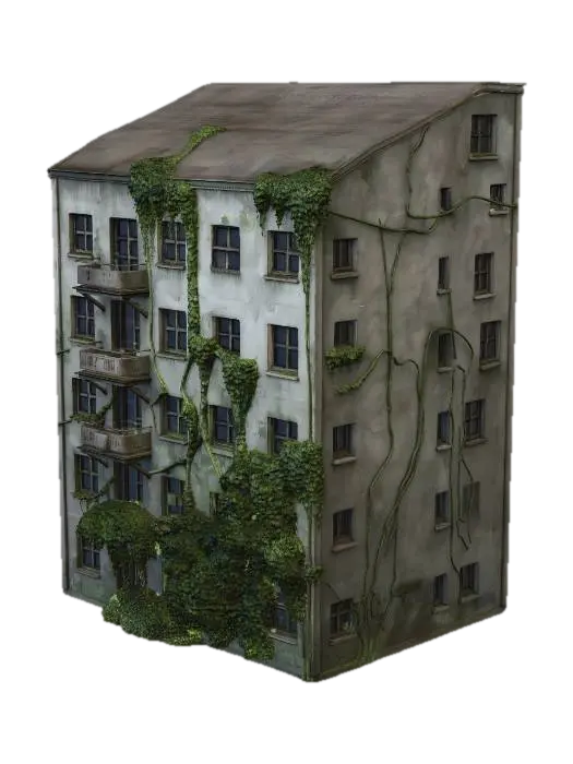 A mid-rise abandoned apartment building exterior, post-apocalyptic style. Simple,… - Overgrown 3D model, vytvořený pomocí AI