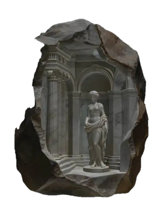 Marble Sanctuary in a Stone Shell - Statues 3D model, vytvořený pomocí AI
