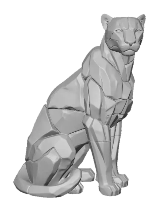 3D model for majestic sitting panther sculpture made from intentionally carved stone masses, layered architectural rock forms stacked with sculptural balance, sleek feline anatomy preserved through large chiseled stone planes, elegant elongated body posture, sophisticated modern brutalist sculpture, subtle asymmetrical stone segmentation, controlled geometric carving instead of low-poly style, handcrafted monumental appearance, sharp yet refined edges, dark basalt and weathered granite texture, deep shadow gaps between stone sections, premium collectible art object, minimalist gallery presentation, highly artistic silhouette, grounded and stable structure, realistic stone weight and surface imperfections, cinematic studio lighting, neutral background, ultra detailed sculptural design