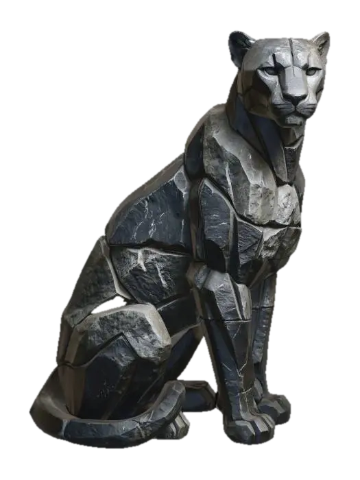 3D model for majestic sitting panther sculpture made from intentionally carved stone masses, layered architectural rock forms stacked with sculptural balance, sleek feline anatomy preserved through large chiseled stone planes, elegant elongated body posture, sophisticated modern brutalist sculpture, subtle asymmetrical stone segmentation, controlled geometric carving instead of low-poly style, handcrafted monumental appearance, sharp yet refined edges, dark basalt and weathered granite texture, deep shadow gaps between stone sections, premium collectible art object, minimalist gallery presentation, highly artistic silhouette, grounded and stable structure, realistic stone weight and surface imperfections, cinematic studio lighting, neutral background, ultra detailed sculptural design