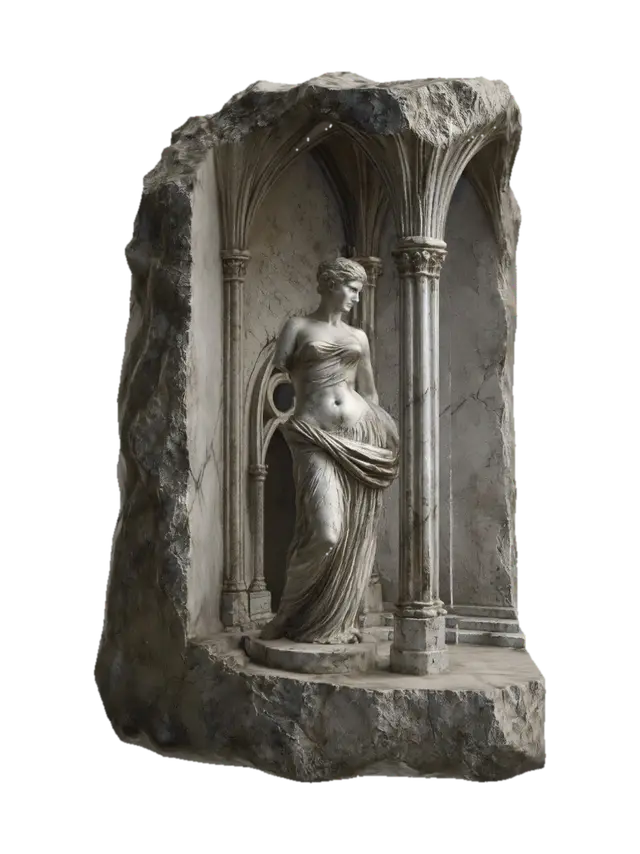 Goddess in a Ruined Niche 3D model, vytvořený pomocí AI