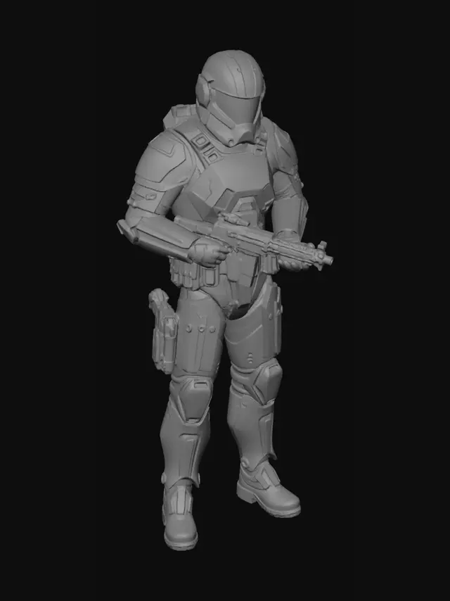 3D model for Create a game-ready 3D model of an Auric League infantry soldier for a sci-fi third-person shooter. The soldier belongs to a wealthy, disciplined republic and should have a clean, heroic, futuristic military design. Use white armor, gold trim, and blue glowing accents, with a dark tactical undersuit. Include a fully enclosed helmet, mid-weight combat armor, utility pouches, reinforced boots, and a high-tech pulse rifle. The design should feel polished, practical, elite, and mass-produced, with readable silhouette and professional military style. Make it suitable for real-time game use, with game-ready topology, UVs, PBR materials, and rig-ready humanoid proportions. Show the character in a neutral A-pose or T-pose.
