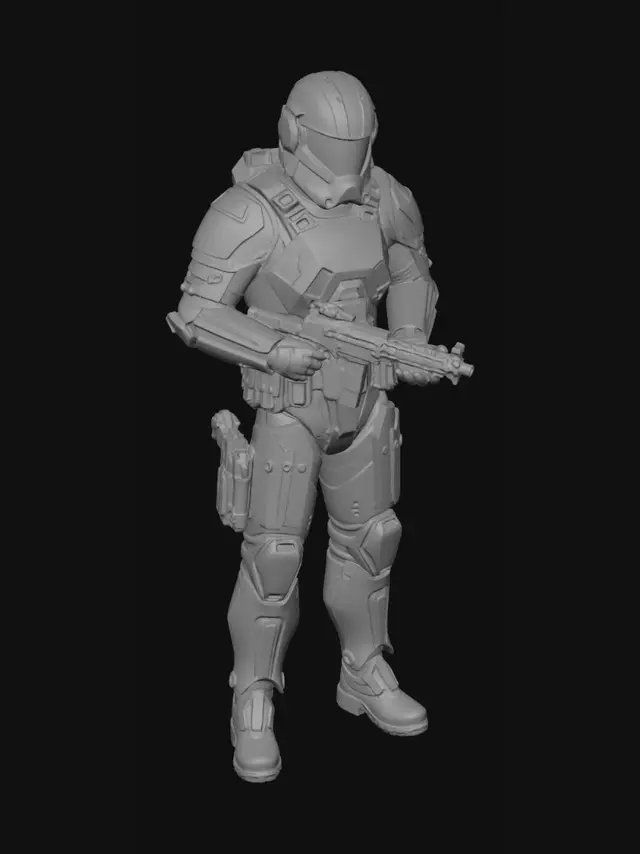 3D model for Create a game-ready 3D model of an Auric League infantry soldier for a sci-fi third-person shooter. The soldier belongs to a wealthy, disciplined republic and should have a clean, heroic, futuristic military design. Use white armor, gold trim, and blue glowing accents, with a dark tactical undersuit. Include a fully enclosed helmet, mid-weight combat armor, utility pouches, reinforced boots, and a high-tech pulse rifle. The design should feel polished, practical, elite, and mass-produced, with readable silhouette and professional military style. Make it suitable for real-time game use, with game-ready topology, UVs, PBR materials, and rig-ready humanoid proportions. Show the character in a neutral A-pose or T-pose.