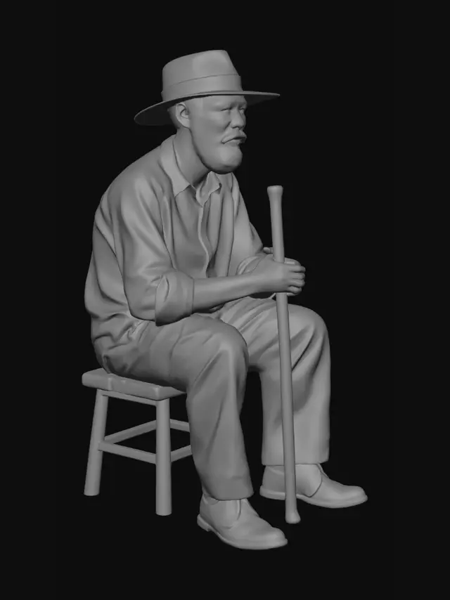 3D model for Old Man with Pipe and Walking Stick