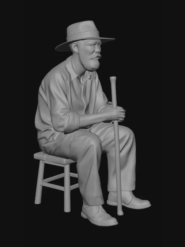 3D model for Old Man with Pipe and Walking Stick