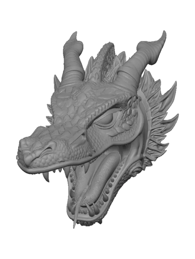 3D model for Create a highly detailed 3D printable Western dragon head with a wide-open roaring mouth that serves as the entrance to a hollow storage compartment. Sculpt realistic layered scales, sharp teeth, textured tongue, deep-set eyes, curved segmented horns, cheek spikes, and armored neck plates. Design with 2–3 mm wall thickness, flat stable base, watertight manifold mesh, clean topology, and minimal supports for resin/FDM printing. Size approximately 15×15×15 cm. Render as a matte grey ZBrush/CAD clay sculpt on a black background, showing front, side, rear, perspective, interior cavity, close-up, and dimension views.