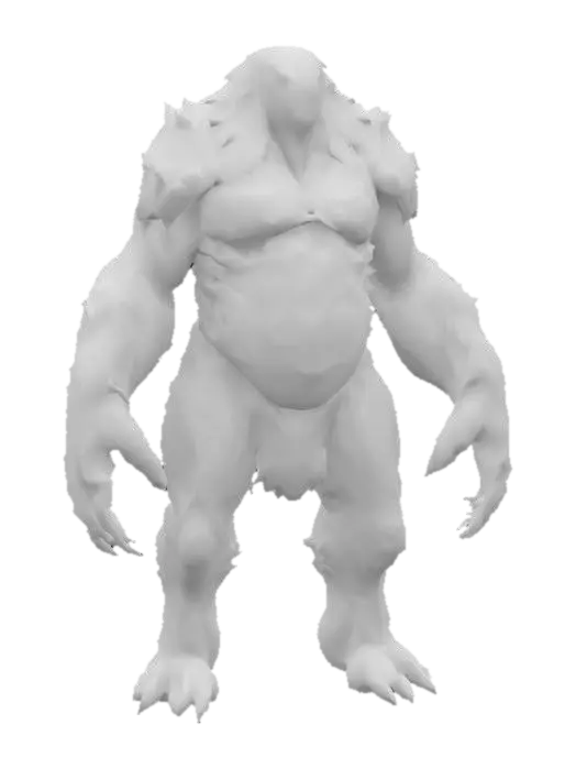 3D model for An enormous humanoid layered in thick, jagged chitin plates, muscle shapes absurdly exaggerated beneath armored carapace, shoulders and arms monstrously overgrown neon.