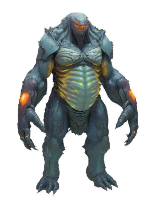 3D model for An enormous humanoid layered in thick, jagged chitin plates, muscle shapes absurdly exaggerated beneath armored carapace, shoulders and arms monstrously overgrown neon.