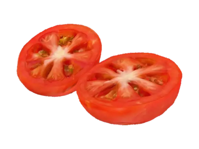 cutesy and yummy two slices of tomatoes, the slices should be thin and round. no faces. 3D model, vytvořený pomocí AI