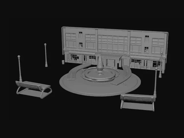 3D model for Contemporary urban street scene, street-level wide composition showing a coherent neighborhood block: a central plaza with benches and a small fountain, a two-story school building with light-colored façade and main entrance, a row of ground-floor shops (a cafe with signage, an independent bookstore, a grocery store), multi-story modern office buildings, a tree-lined avenue with sidewalks, a separate bike lane, a children’s playground with slides and swings, a bus stop with covered shelter and digital display, parked and moving cars, a city bus at the stop, street signs and lamp posts. Layout should allow natural pedestrian and vehicle flow, integrated green spaces, and clear cycling and walking routes.
Style: realistic, high-detail,  PBR-textured 3D urban scene