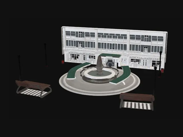 3D model for Contemporary urban street scene, street-level wide composition showing a coherent neighborhood block: a central plaza with benches and a small fountain, a two-story school building with light-colored façade and main entrance, a row of ground-floor shops (a cafe with signage, an independent bookstore, a grocery store), multi-story modern office buildings, a tree-lined avenue with sidewalks, a separate bike lane, a children’s playground with slides and swings, a bus stop with covered shelter and digital display, parked and moving cars, a city bus at the stop, street signs and lamp posts. Layout should allow natural pedestrian and vehicle flow, integrated green spaces, and clear cycling and walking routes.
Style: realistic, high-detail,  PBR-textured 3D urban scene