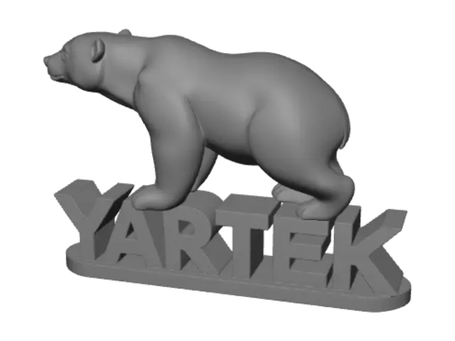 3D model for Create a clean 3D model from the provided logo. The polar bear must become a fully volumetric 3D sculpture while preserving the original silhouette, pose and facial features. Add natural rounded anatomy and smooth surfaces without detailed fur. The "YARTEK" text must remain flat with only slight extrusion (1–2 mm), while the bear rises prominently above it (8–15 mm). The bear should appear attached to and standing on the text. Design the model as a single watertight object suitable for keychain production and 3D printing, with rounded edges, no thin fragile parts, no overhangs requiring supports, balanced proportions, clean topology, manifold mesh, optimized for STL/OBJ export. White bear, blue text.