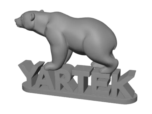 3D model for Create a clean 3D model from the provided logo. The polar bear must become a fully volumetric 3D sculpture while preserving the original silhouette, pose and facial features. Add natural rounded anatomy and smooth surfaces without detailed fur. The "YARTEK" text must remain flat with only slight extrusion (1–2 mm), while the bear rises prominently above it (8–15 mm). The bear should appear attached to and standing on the text. Design the model as a single watertight object suitable for keychain production and 3D printing, with rounded edges, no thin fragile parts, no overhangs requiring supports, balanced proportions, clean topology, manifold mesh, optimized for STL/OBJ export. White bear, blue text.