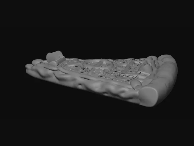 3D model for A slice of gourmet Italian pizza designed to look like a mini soccer field with toppings, stylized 3D, delicious look